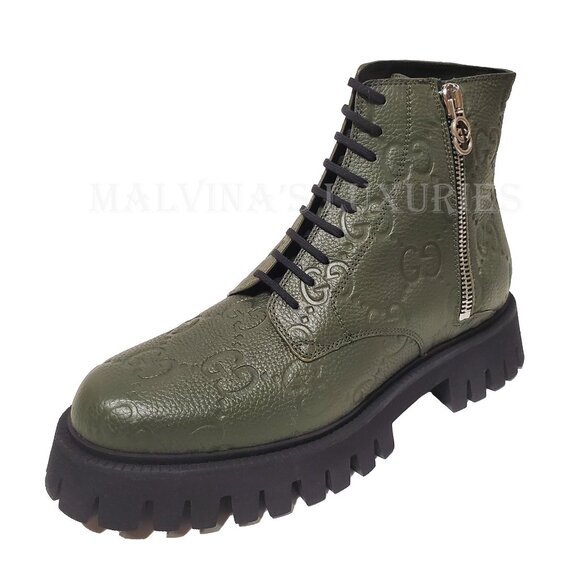 GUCCI BOOTS MENS ANKLE GREEN GG LOGO LEATHER ZIPPER LACE-UP sz 10 10.5 - Picture 10 of 16
